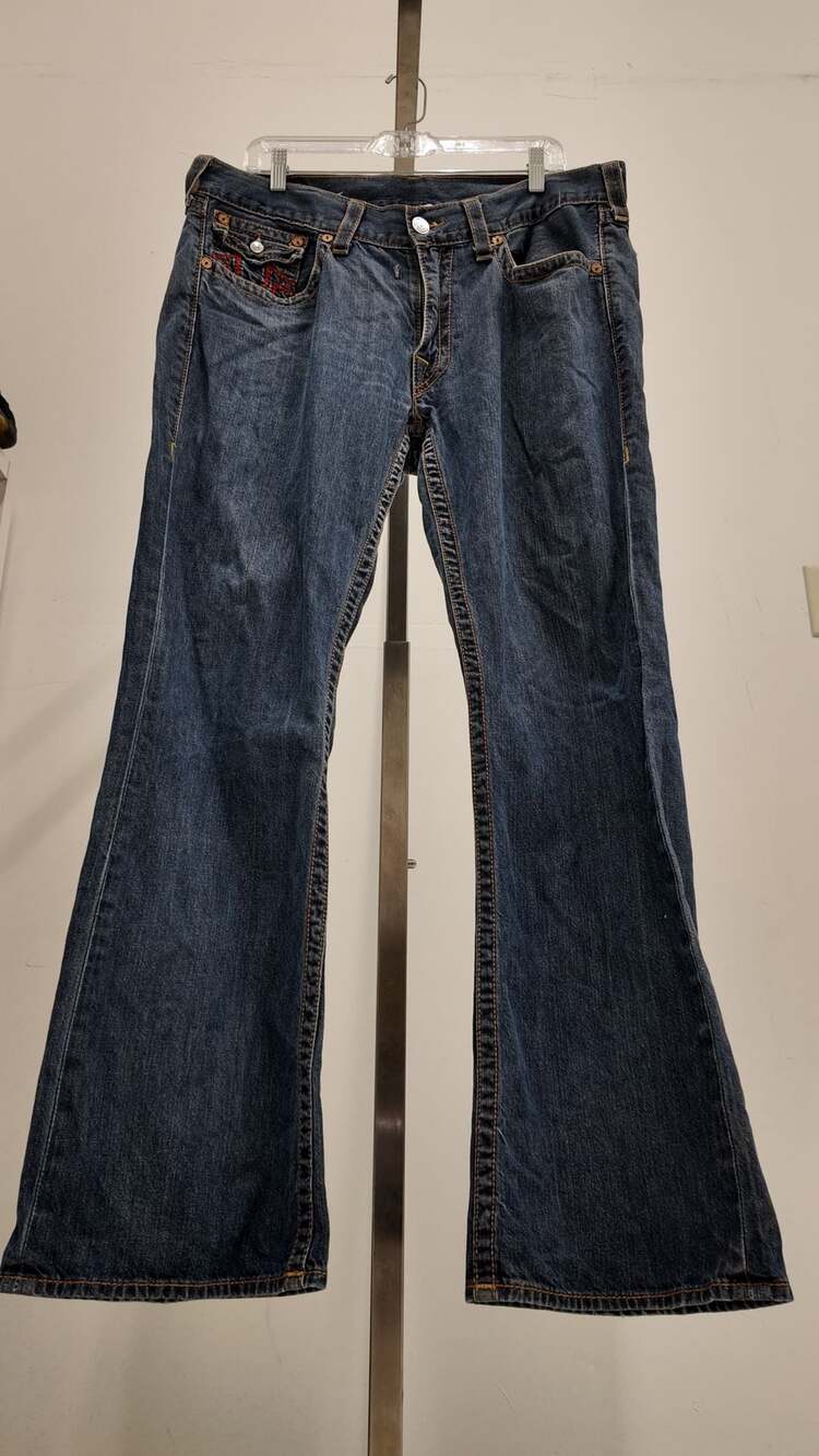 True Religion Men’s Section Boot Cut Jeans – Blue with Red Stitching (Size 36)